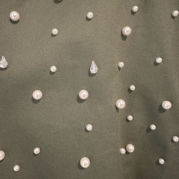River Island Khaki Pearl & Rhinestone Studded Zip Up Canvas Bomber Jacket Size S - Picture 2 of 12